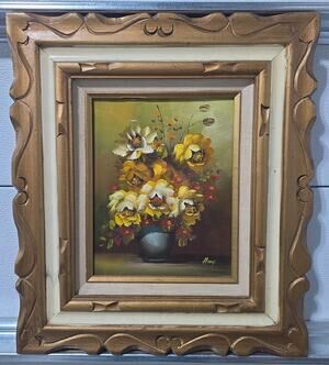 Vintage Original Floral Oil Painting Signed Amy Ornate Frame Mid Century